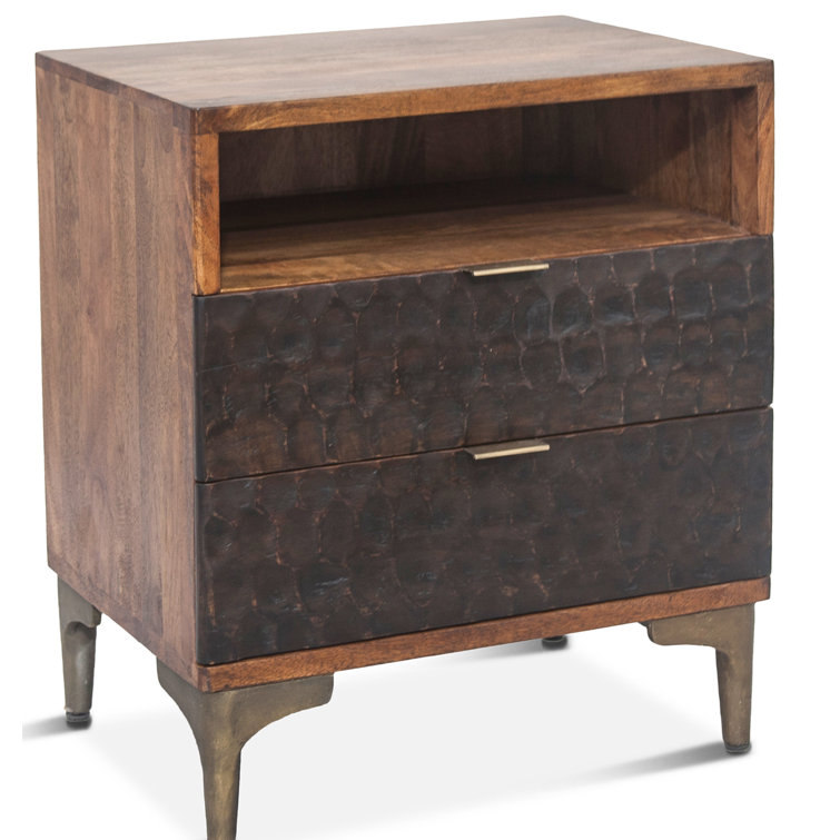 Santa Cruz Hand-Carved Mango Wood 2-Drawer Nightstand with Bronze Accents