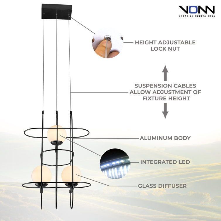Lyra 16" Modern Adjustable Black Aluminum & Glass LED Chandelier