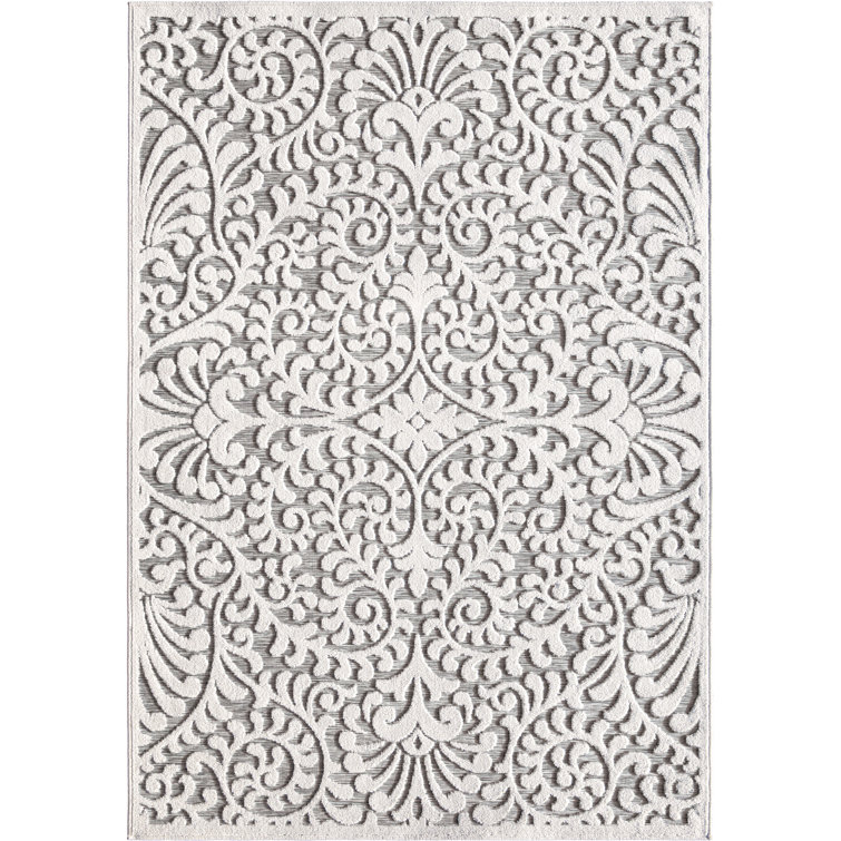 Natural Gray Floral Rectangular Synthetic Indoor/Outdoor Rug