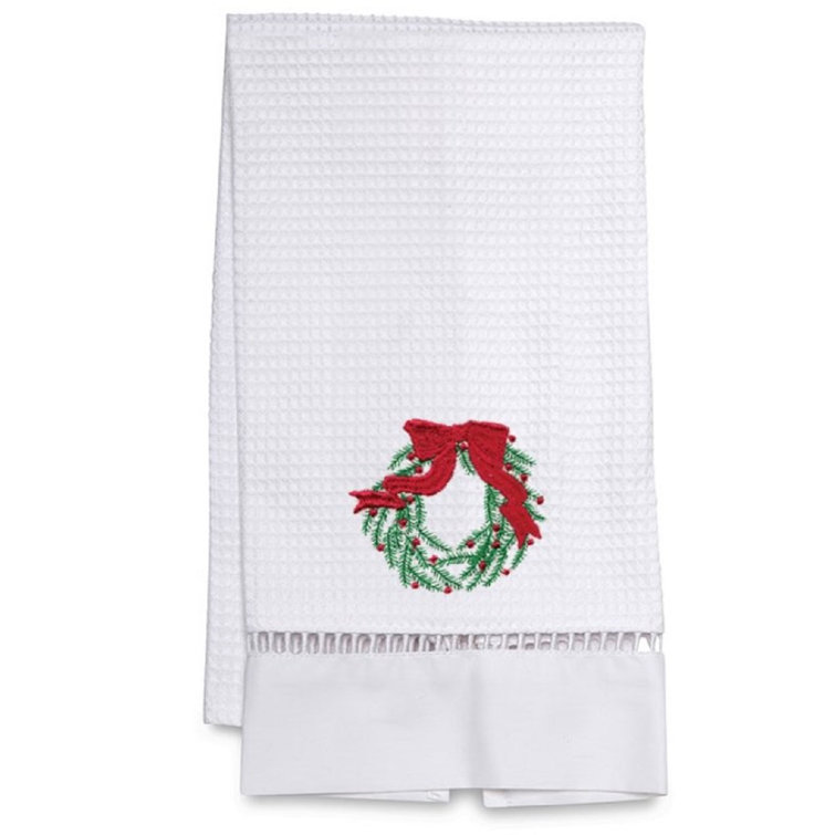 White Cotton Waffle Weave Hand Towel with Christmas Wreath