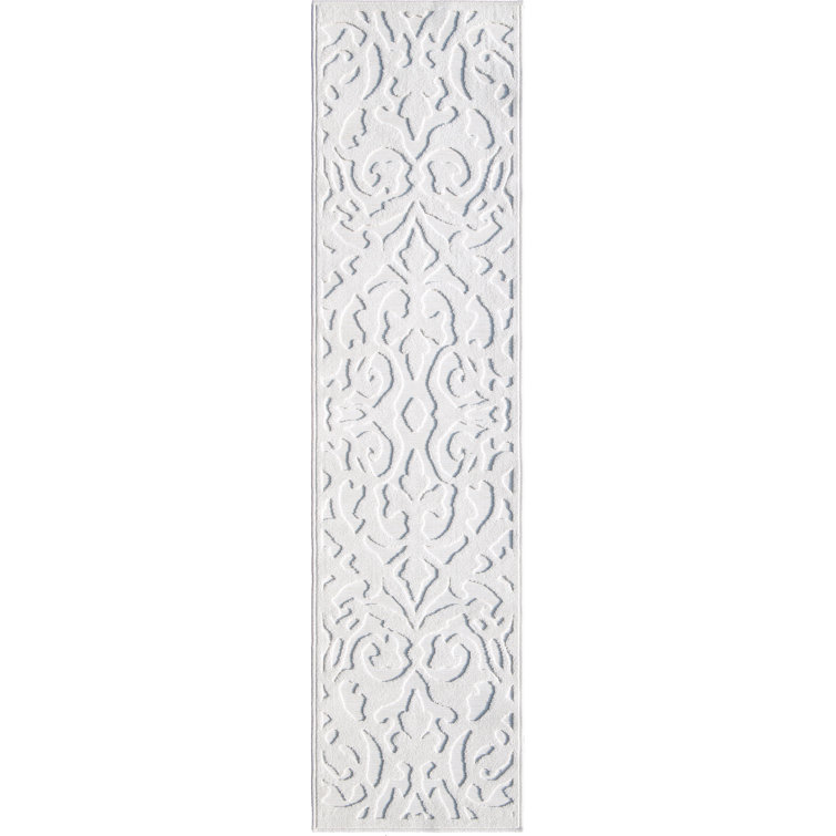 Natural Off-White High-Low Damask Indoor/Outdoor Runner Rug