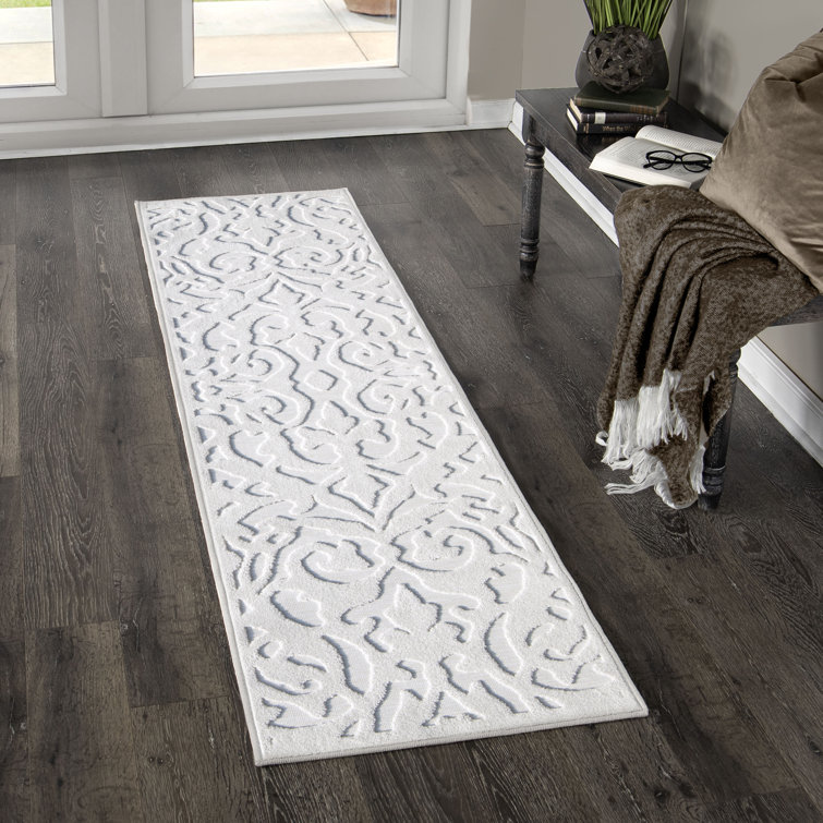 Natural Off-White High-Low Damask Indoor/Outdoor Runner Rug