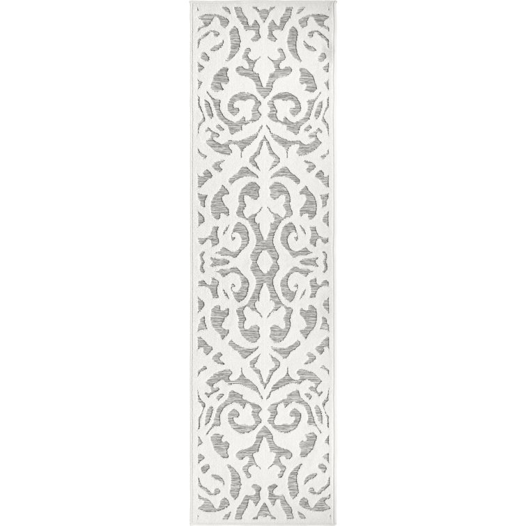 Natural Gray Damask Pattern Indoor/Outdoor Runner Rug