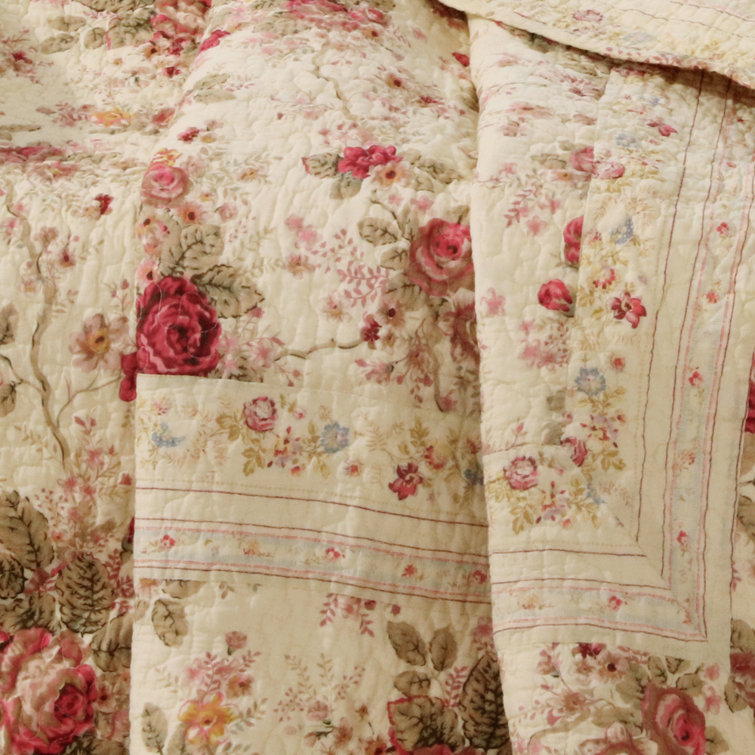 Classic Garden Rose Quilted Throw in Ecru Cotton 50"x60"