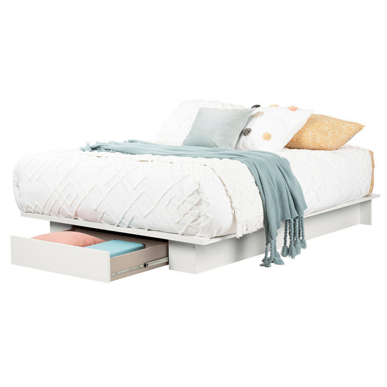 White Queen Platform Bed with Single Storage Drawer