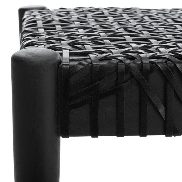 Alpine Elegance Black Cowhide Leather and Teak Bench, 47"