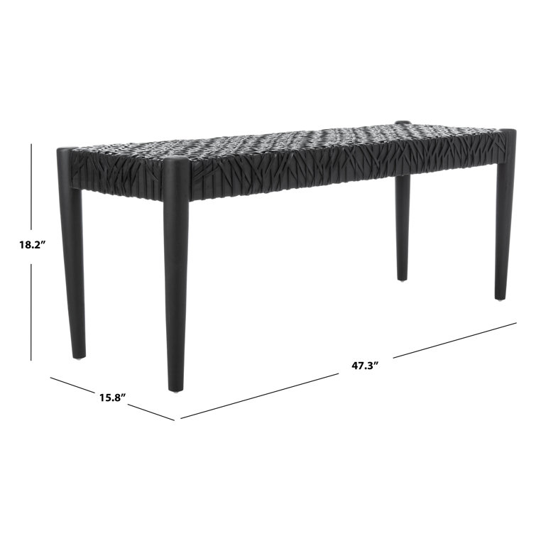 Alpine Elegance Black Cowhide Leather and Teak Bench, 47"