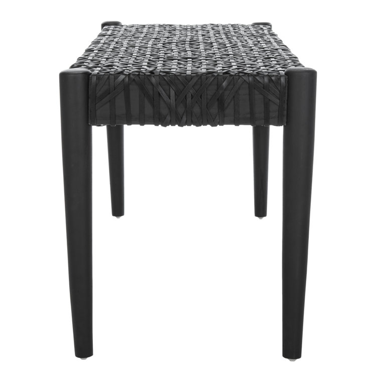 Alpine Elegance Black Cowhide Leather and Teak Bench, 47"