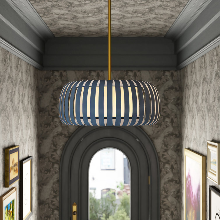 Modern Cadet Blue Drum Pendant with Antique Brass Finish