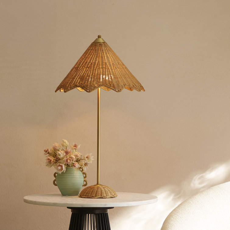 Antique Brass and Rattan Wicker Table Lamp, 28"