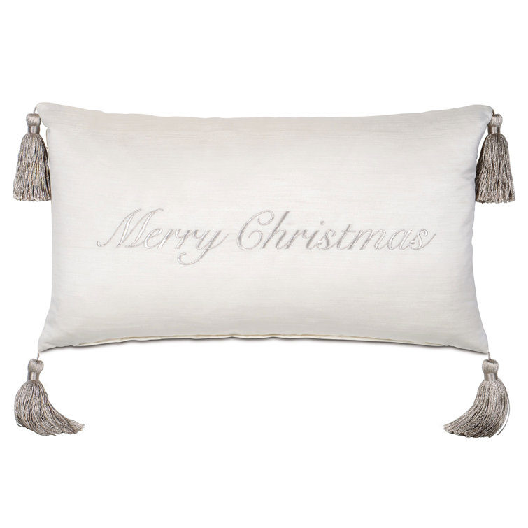 White Embroidered Polyester Lumbar Holiday Pillow with Tassels
