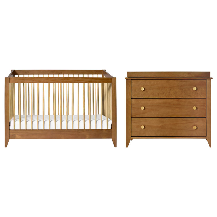 Chestnut and Natural Mid-Century Modern Convertible Crib