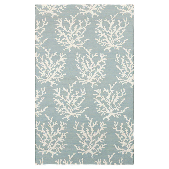 Powder Blue and White Wool Coastal Rectangular Rug