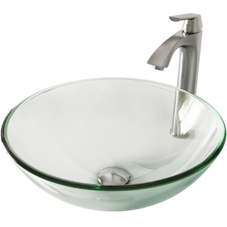 White Frost Glass Round Vessel Sink with Brushed Nickel Faucet