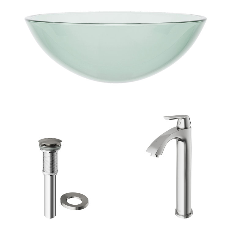 White Frost Glass Round Vessel Sink with Brushed Nickel Faucet