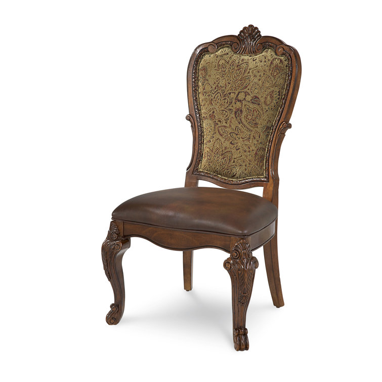Traditional Brown Leather and Wood Upholstered Side Chair