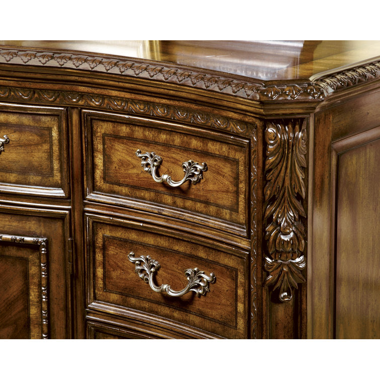 Old World Sunburst 73'' Traditional Brown Wood Dresser with 9 Drawers