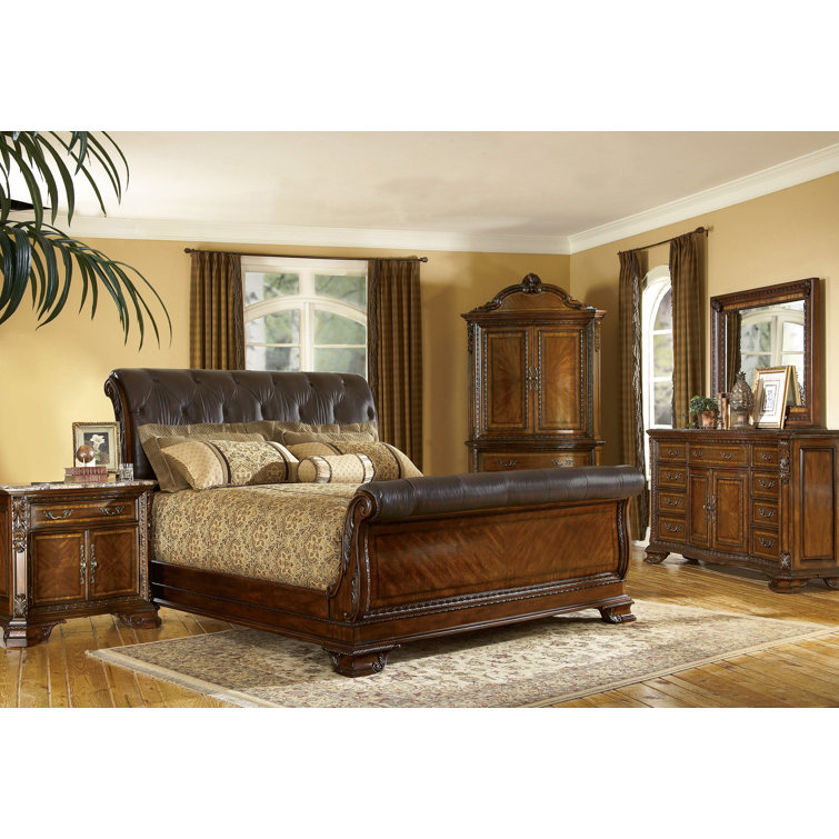 Old World Pomegranate Brown Marble Top Nightstand with Hidden Storage