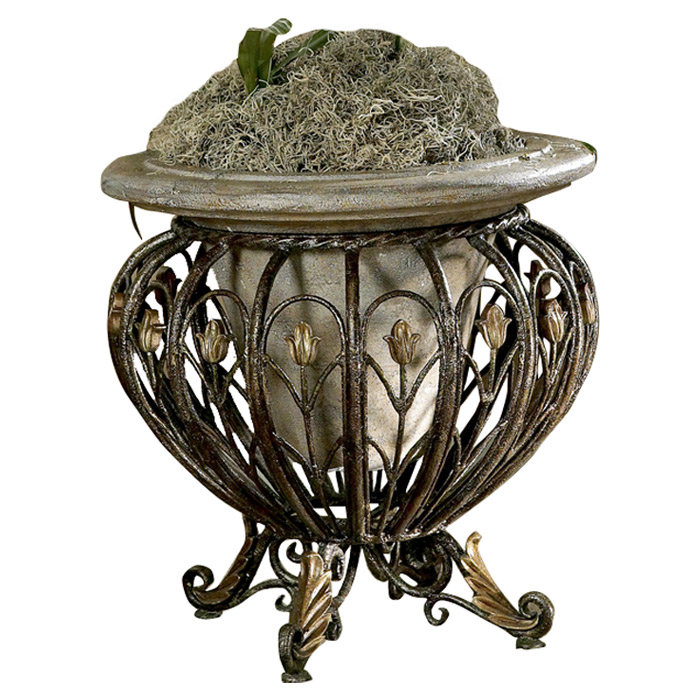 Heritage Brown Cast Stone and Metal Planter with Ornate Detailing