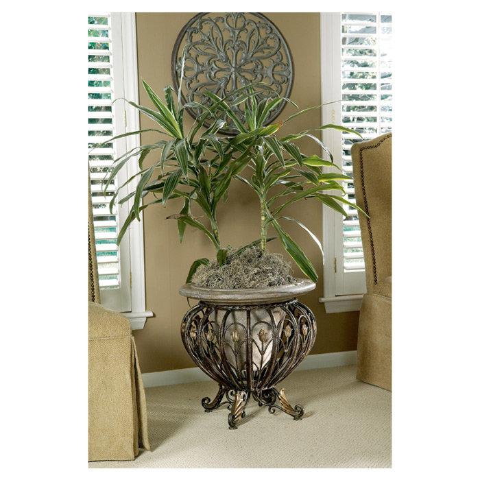 Heritage Brown Cast Stone and Metal Planter with Ornate Detailing