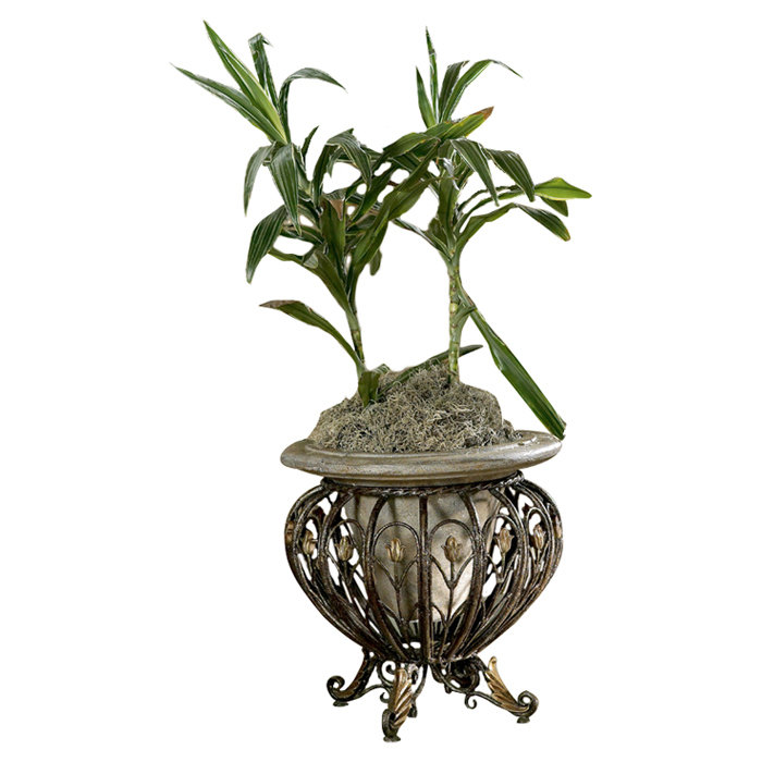 Heritage Brown Cast Stone and Metal Planter with Ornate Detailing