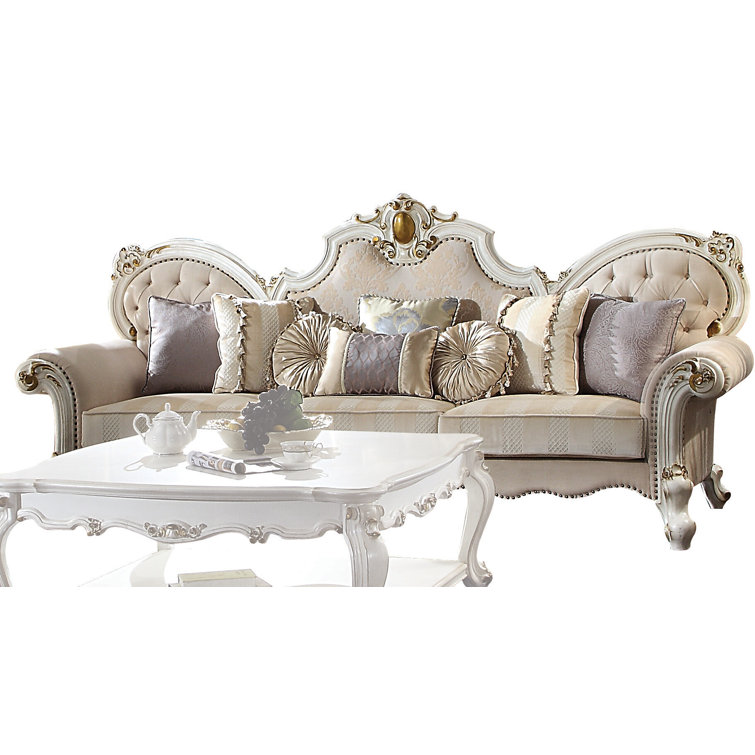 110" Antique Pearl Floral Tufted Microfiber Sofa