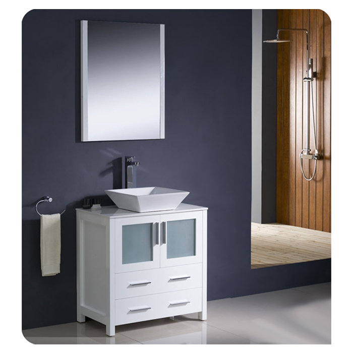White Ceramic Top 30" Modern Freestanding Vanity Set with Mirror