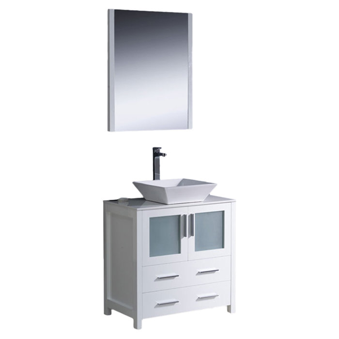 White Ceramic Top 30" Modern Freestanding Vanity Set with Mirror