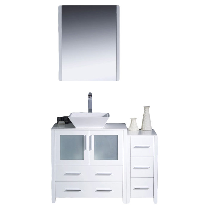 White Engineered Wood Single Vessel Sink Vanity Set with Mirror