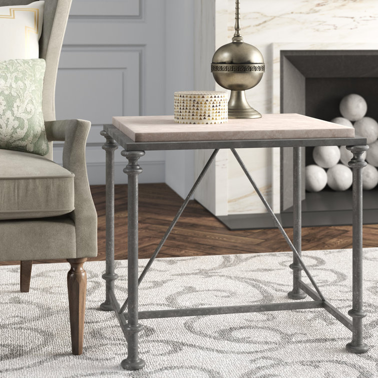 Galesbury 22" Beige Travertine Stone and Black Metal End Table