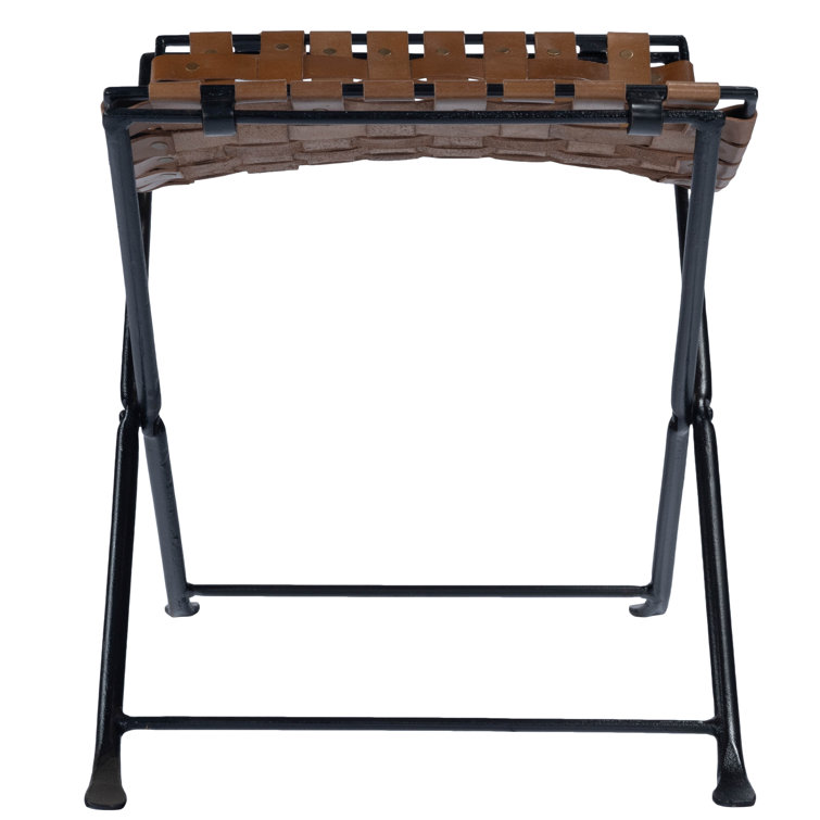 Rustic Charm Black Iron and Brown Leather Stool with Nailhead Trim
