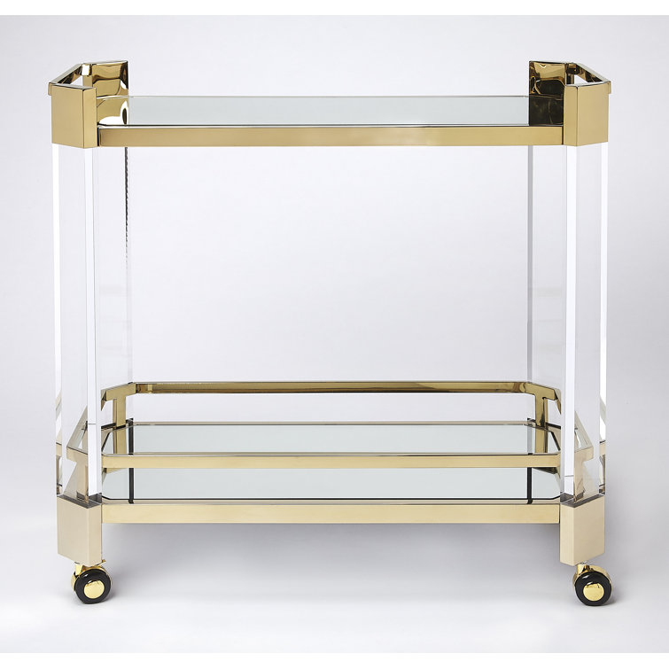 Charlevoix 99" Gold Stainless Steel & Acrylic Serving Cart with Storage