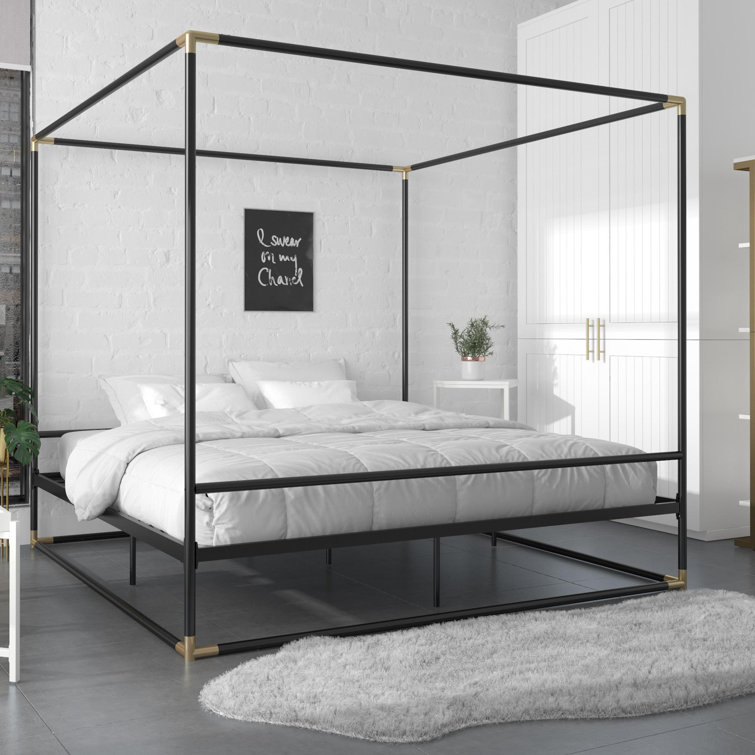 Black Metal Queen Canopy Bed with Gold Accents