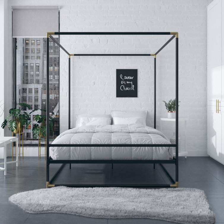 Celeste Black Metal Upholstered King Platform Bed Frame with Slats