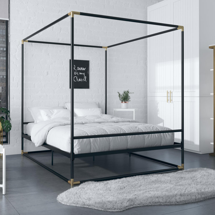 Celeste Black Metal Upholstered King Platform Bed Frame with Slats