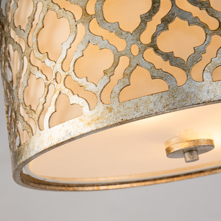Antique Silver Drum 2-Light Flush Mount with Fabric Shade