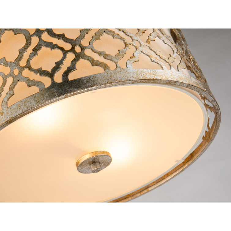 Antique Silver Drum 2-Light Flush Mount with Fabric Shade