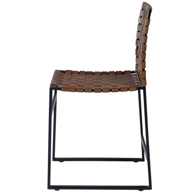 Urban Rustic Black Iron Base Genuine Leather Side Chair