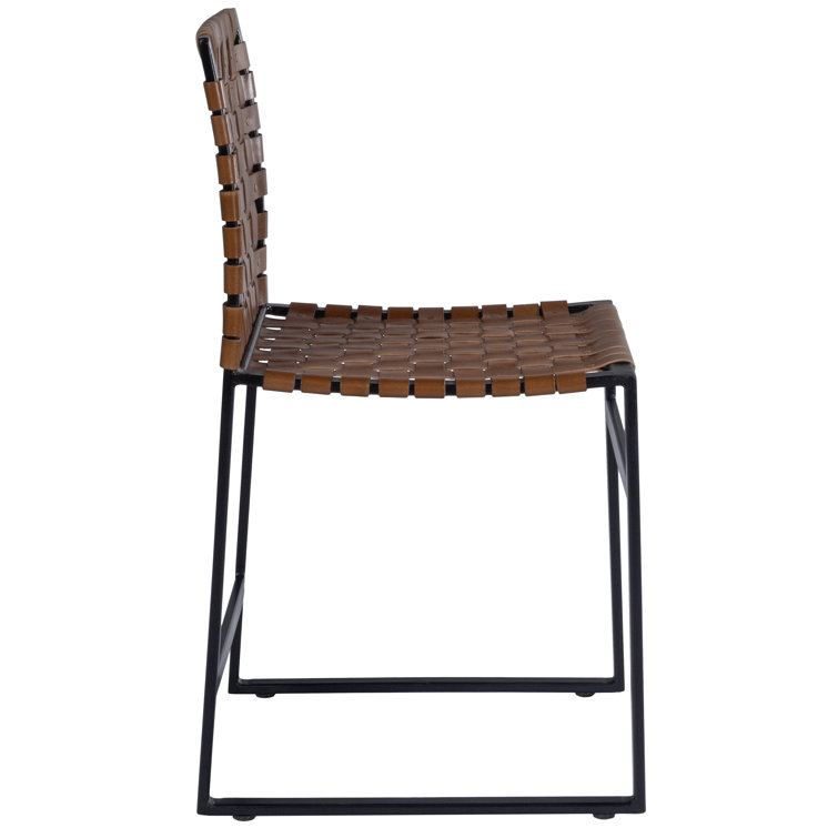 Urban Rustic Black Iron Base Genuine Leather Side Chair