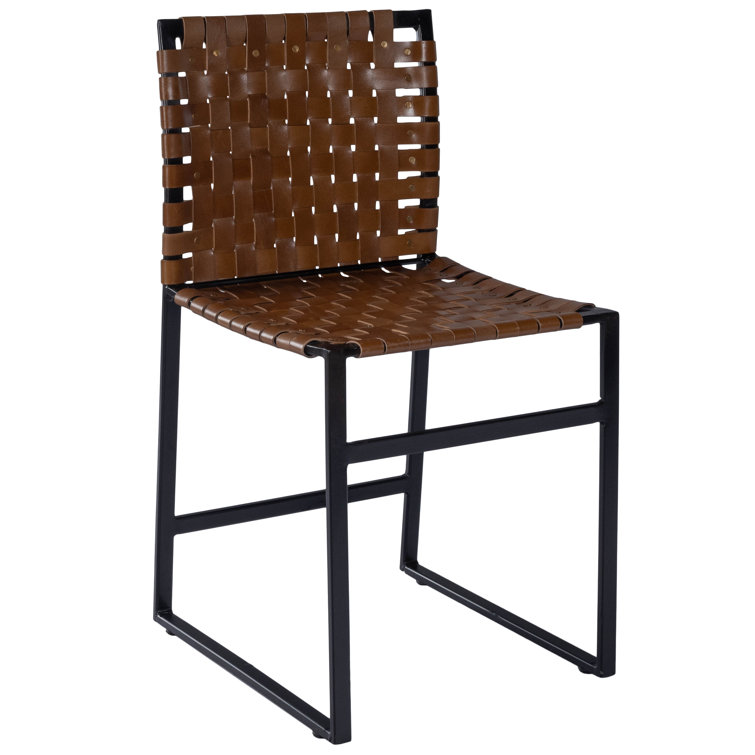 Urban Rustic Black Iron Base Genuine Leather Side Chair