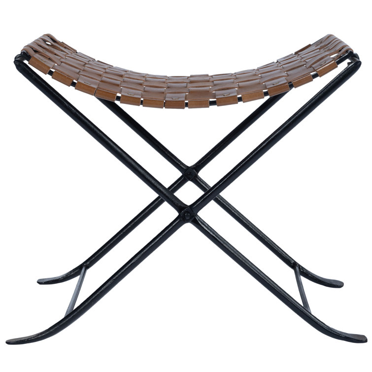 Rustic Charm Black Iron and Brown Leather Stool with Nailhead Trim