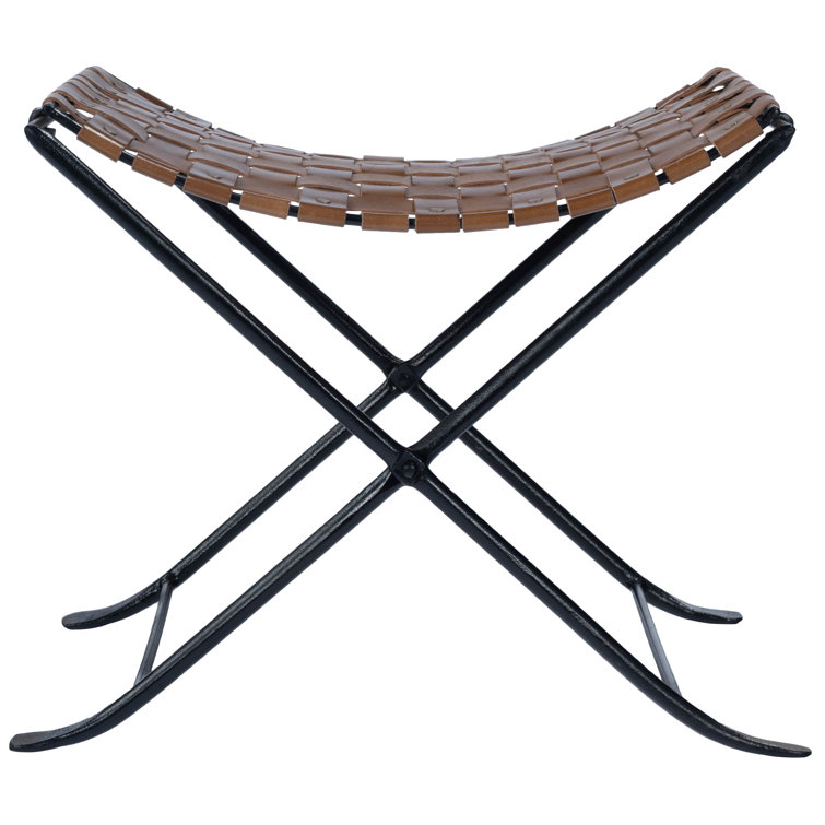 Rustic Charm Black Iron and Brown Leather Stool with Nailhead Trim