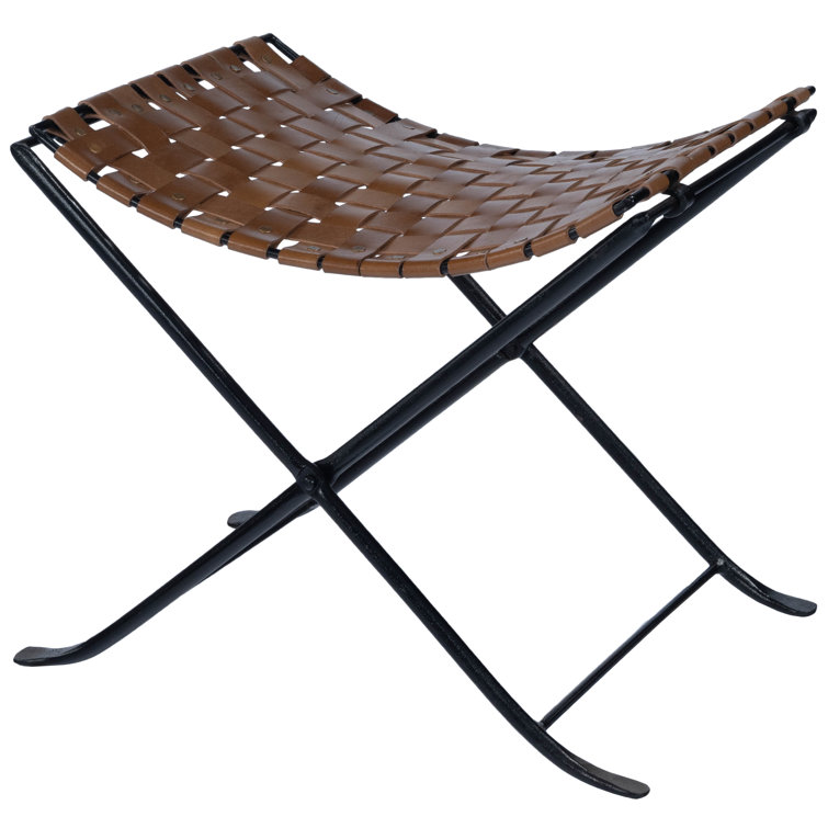 Rustic Charm Black Iron and Brown Leather Stool with Nailhead Trim