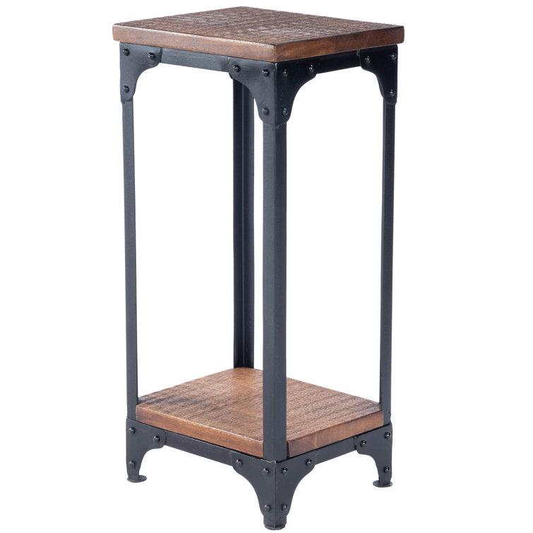 Rugged Acacia Wood & Black Iron Pedestal Stand, 29" Height