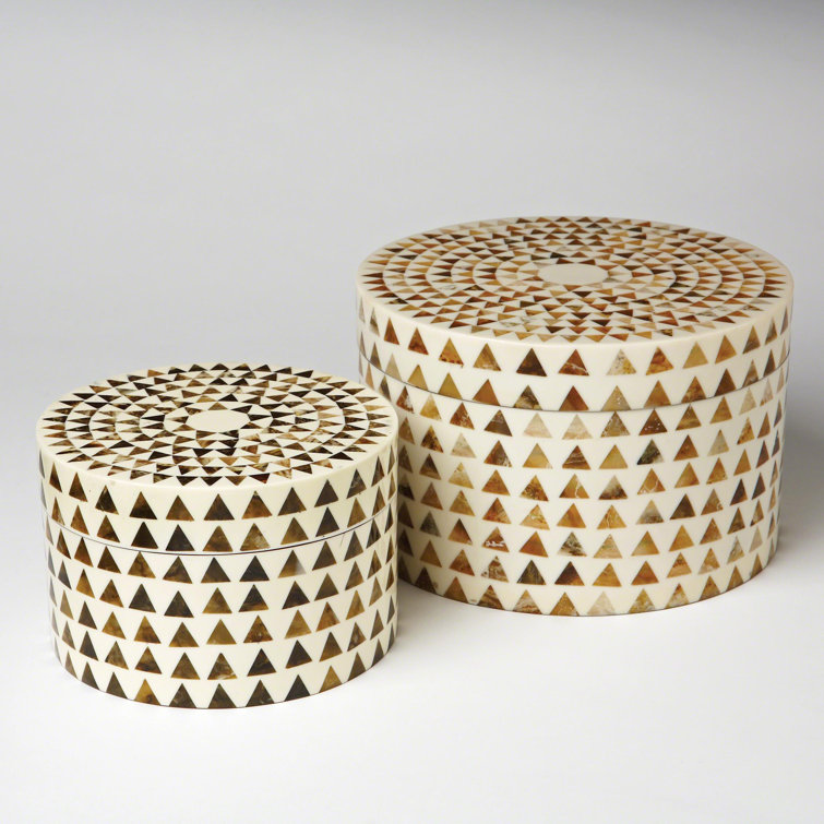 Small Round White and Brown Triangle Lidded Box
