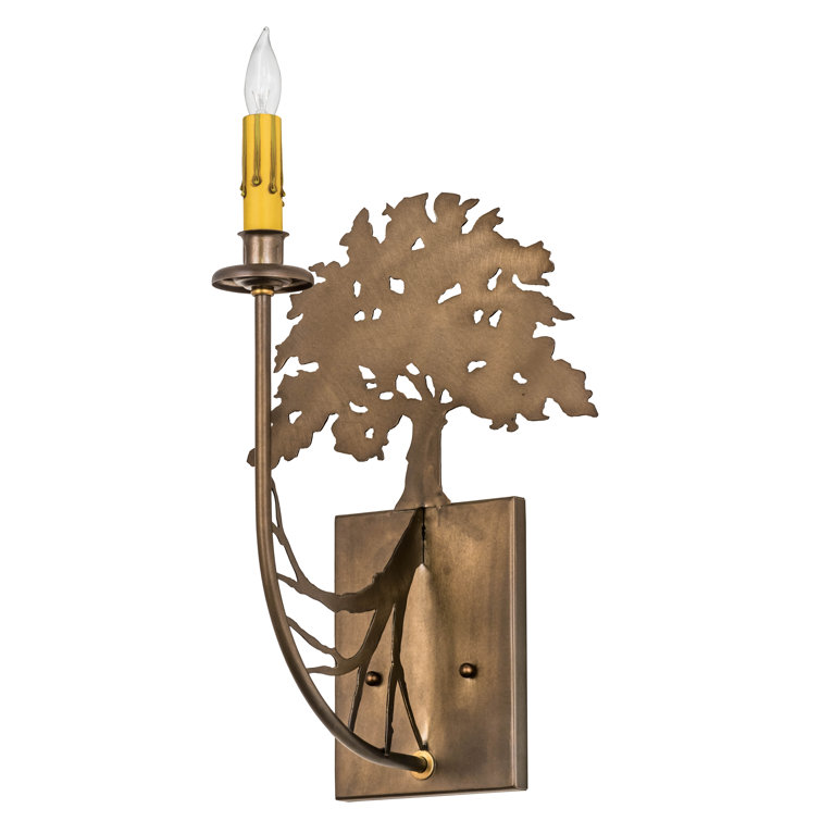 Antique Copper Oak Tree 15" Wall Sconce with Ivory Candle Sleeve