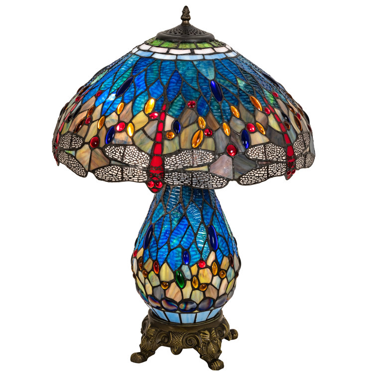 25" Multicolor Stained Glass and Bronze Dragonfly Table Lamp