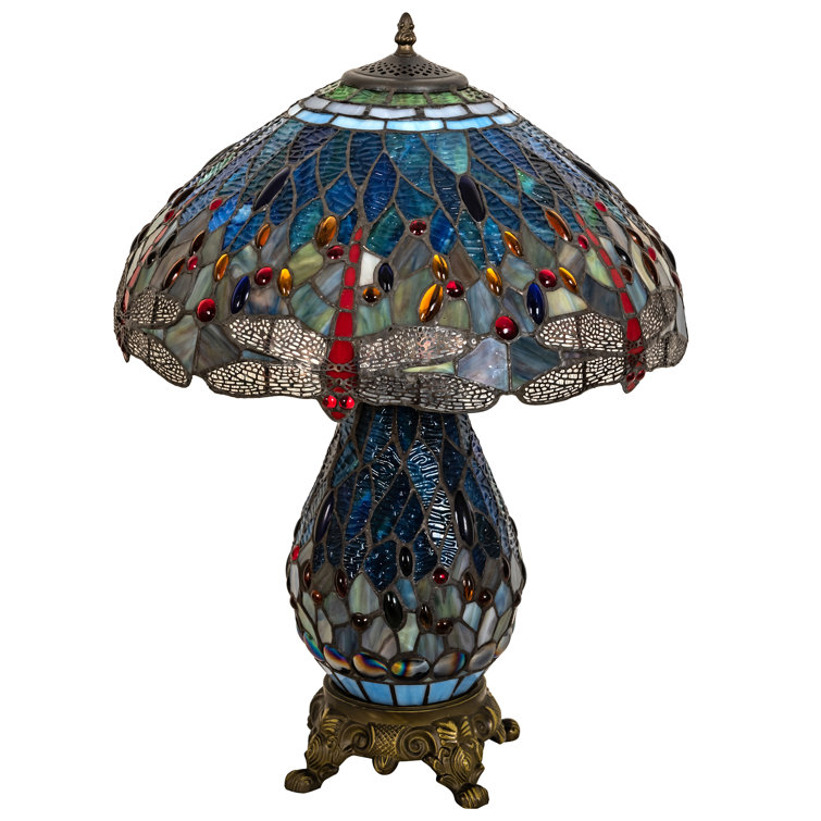 25" Multicolor Stained Glass and Bronze Dragonfly Table Lamp
