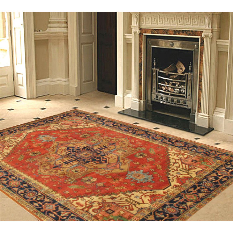 Serapi Hand-Knotted Wool Oriental Square Area Rug in Red, Navy, and Cream