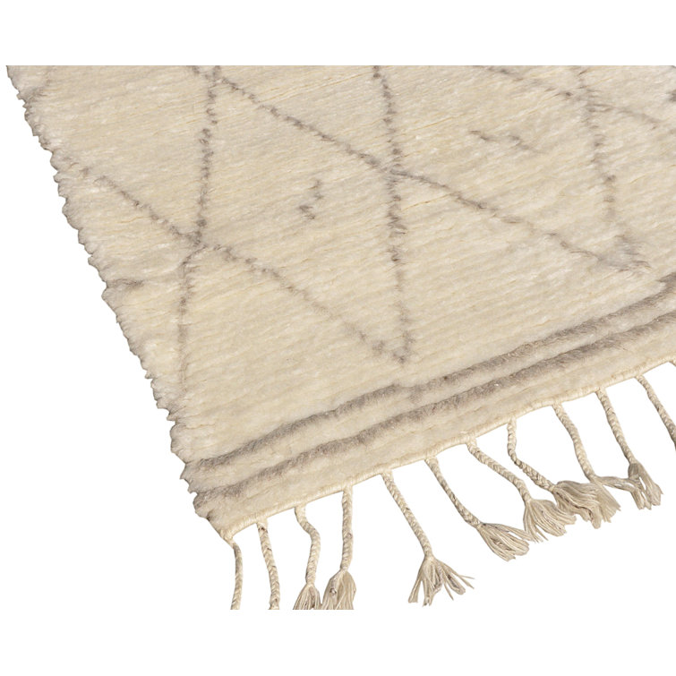 Hand-Knotted Ivory and Gray Wool Silk Moroccan Area Rug
